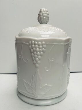 Indiana Glass Colony Harvest milk glass canister with lid.